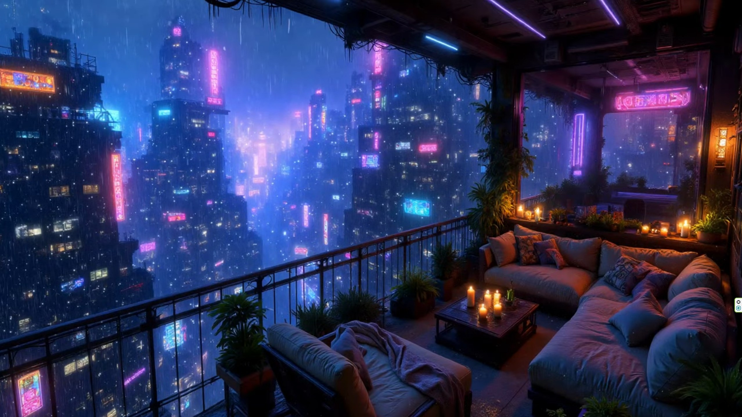 Cyberpunk rooftop at night overlooking a city of neon signs